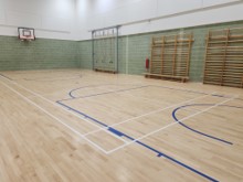 An indoor gymnasium with a polished light-wood floor marked with blue and white court lines. Wooden stall bars (Swedish ladders) and gymnastic ropes are mounted along a green-brick wall, with a white upper wall stretching to the ceiling. A basketball hoop is mounted on the far wall.