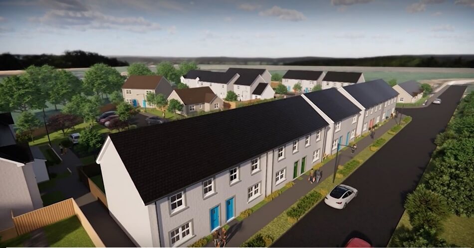 Birds eye view of terraced houses, with white facade and dark grey roofs Birds eye view of terraced houses, with white facade and dark grey roofs