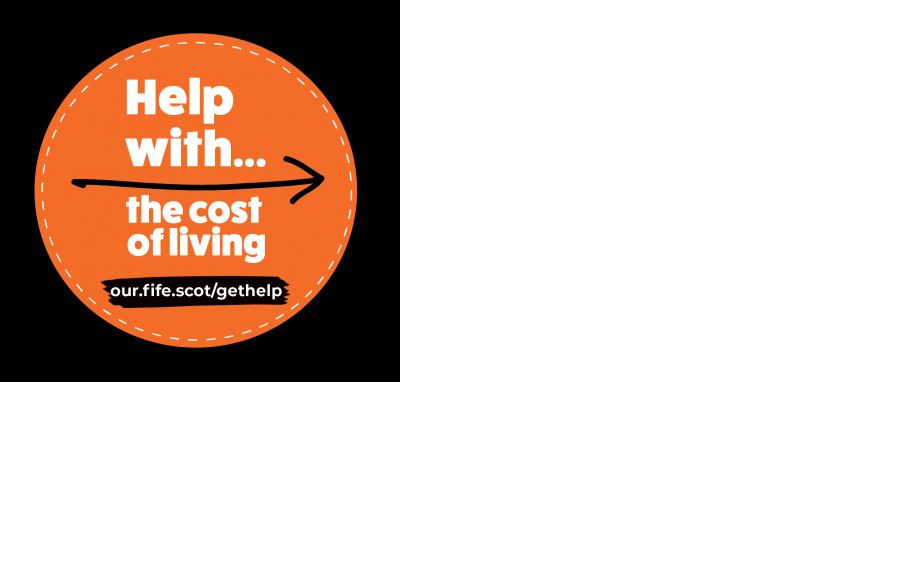 Orange circular graphic on a black background with text offering help with the cost of living and a link to our.fife.scot/gethelp. - Where to go this Christmas for cost of living support