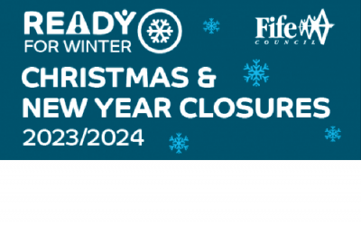Graphic with the heading ‘Ready for Winter’ alongside snowflake icons and the Fife Council logo, announcing Christmas and New Year closures for 2023/2024 - Fife Council Christmas and New Year closures 2023/24