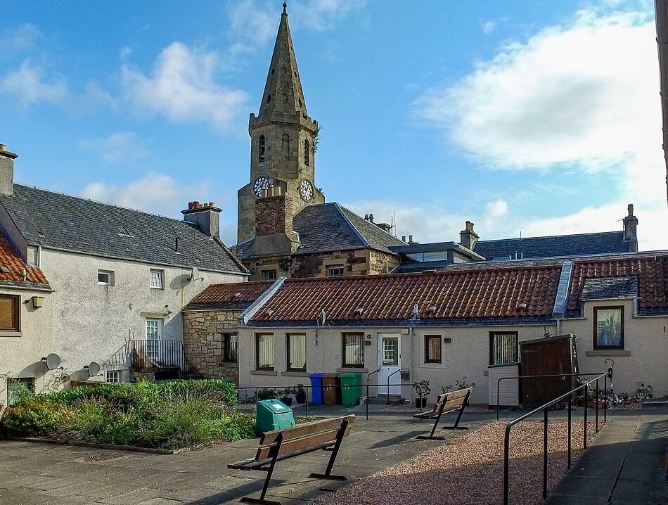 Outside area at Tolbooth Close, with Newburgh Town House in background