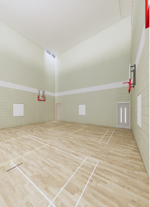2-Court Games Hall Indoor games hall with a polished wooden floor marked for court sports, high pale-green walls, and two wall-mounted basketball hoops at either end.