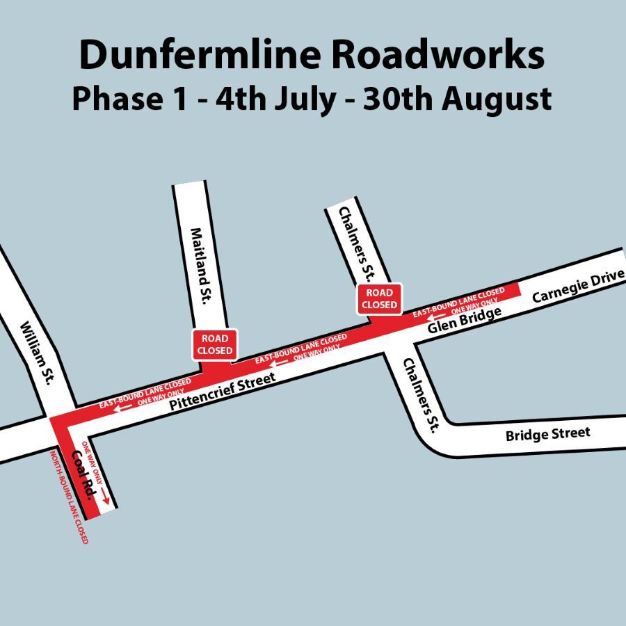 Dunfermline roadworks phase 1 lane closures Map showing lane closures on Glen Bridge, Pittencrieff St and Coal Road