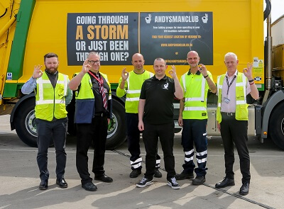Fife Waste Operations champion men's mental health Six men standing in front of Fife Council bin lorry