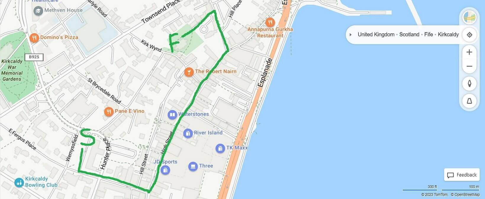 Map of Kirkcaldy showing the Reclaim the Night March route