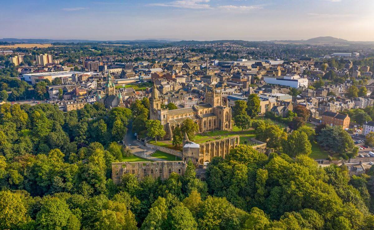 Drone view of Dunfermline Abbey and surrounding area - Dunfermline sees healthy rise in city centre cycling figures