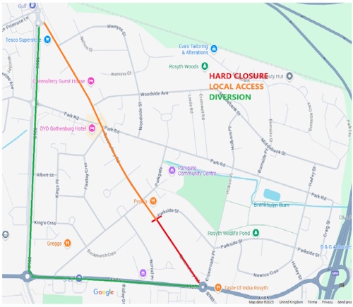 Map showing location of works on Queensferry Road, Rosyth
