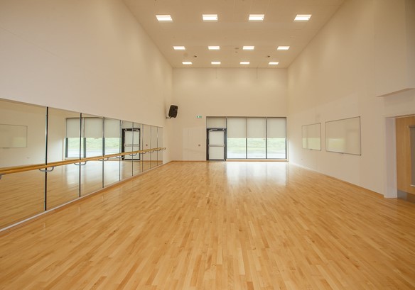 A bright, minimalist dance studio with a polished light-wood floor and high white walls. A long, continuous wall mirror with a wooden ballet barre runs along the left side. Square, recessed ceiling lights illuminate the space, and large windows with blinds are visible at the far end of the room.