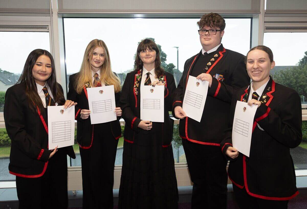 Our main photo shows Queen Anne High pupils (left to right) Millie Sun, Lauren Scott, Sarah Grace Richardson, Lawrie Foy, Sophie Quoiani. - Fife’s school pupils reflect on exam results