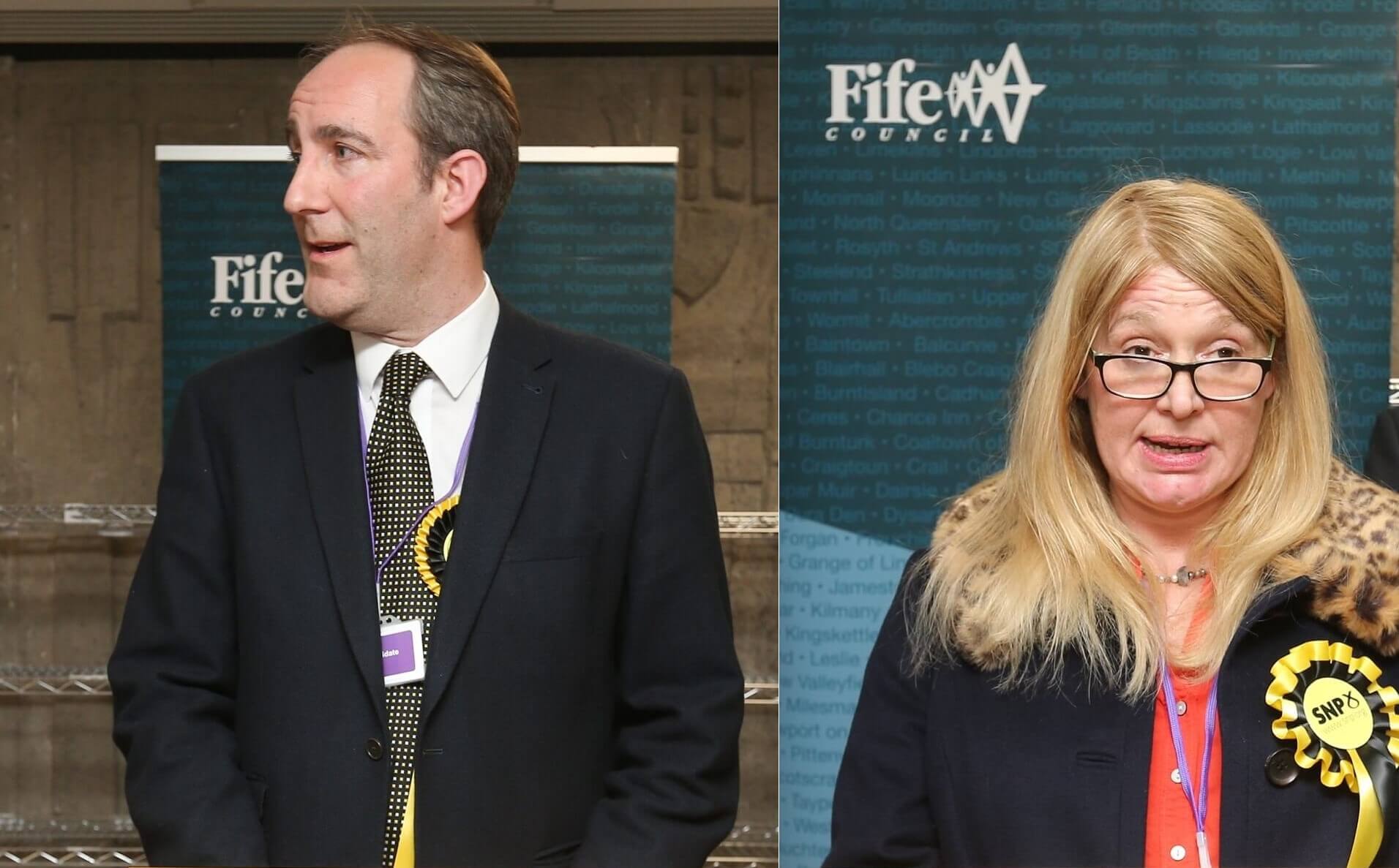 Derek Glen, Scottish National Party (SNP) in a dark suit and patterned tie wearing a rosette and lanyard, standing in front of a Fife Council banner at an indoor event. - Election results for the Local Government By-elections for Dunfermline Central and Rosyth council wards