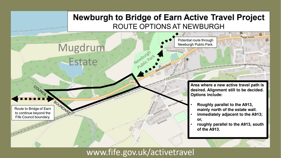 Map of Newburgh with black line indicating the section of A913 where the Active Travel path may be. Map of Newburgh with black line indicating the section of A913 where the Active Travel path may be.