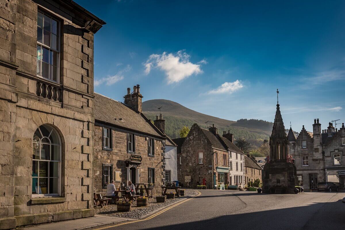 Falkland main street on a sunny day. The village of Falkland, located in North East Fife
