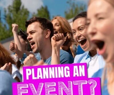 Planning an event poster Group of people raising their hands with a bright sign reading ‘Planning an event?
