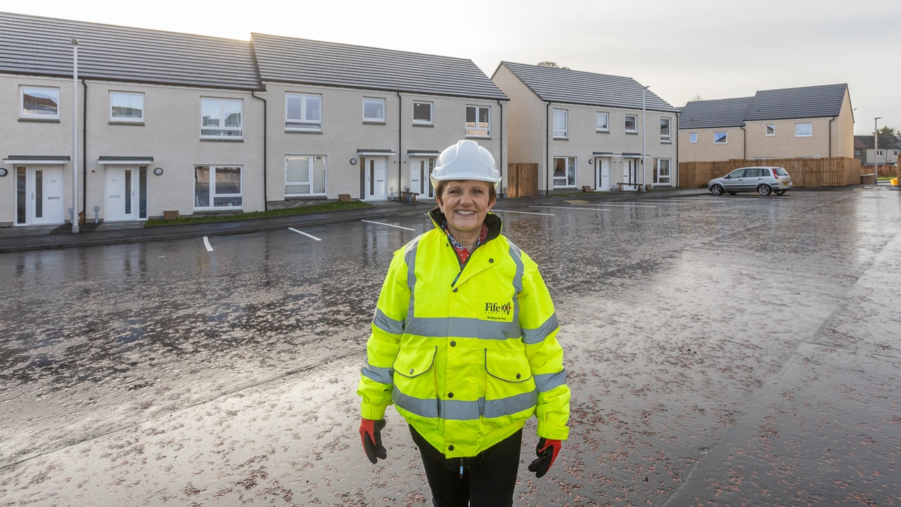 Councillor Judy Hamilton outside new build council houses - New council houses for Kennoway