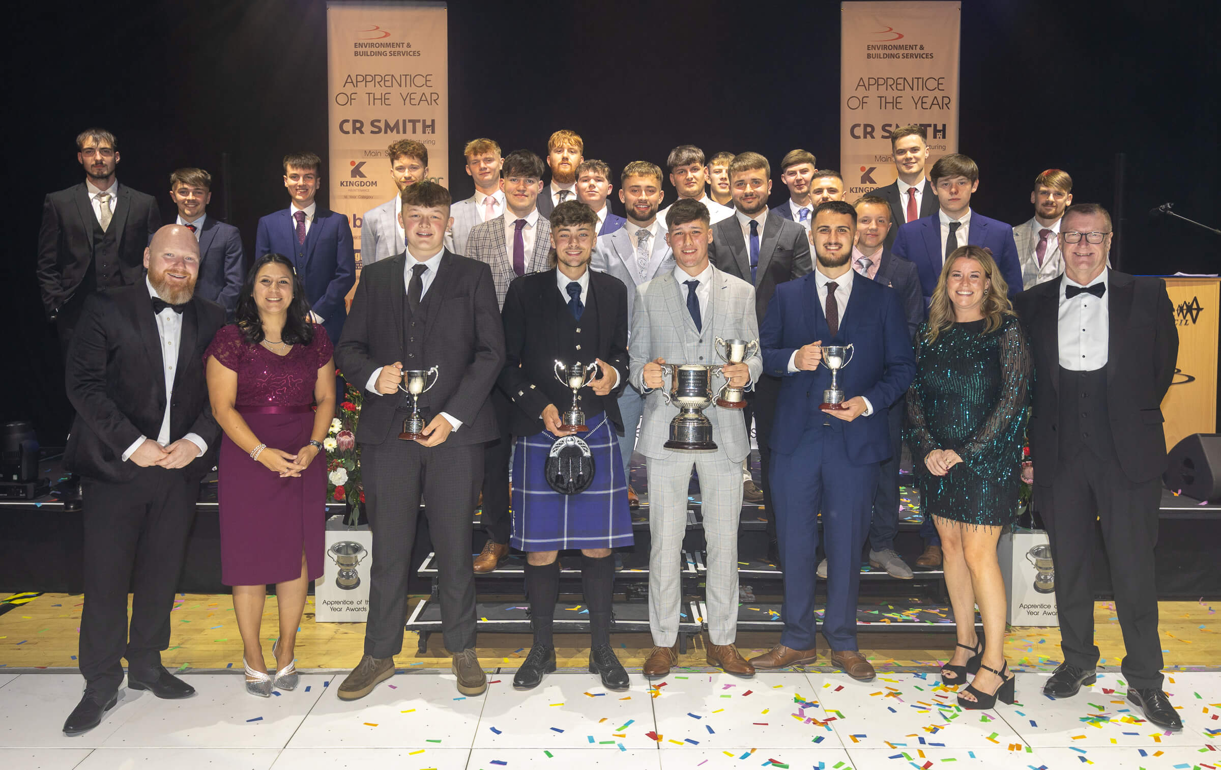 Group photo of award winners holding trophies at the CR Smith  - Fife Council celebrates outstanding apprentices and raises thousands for local charities