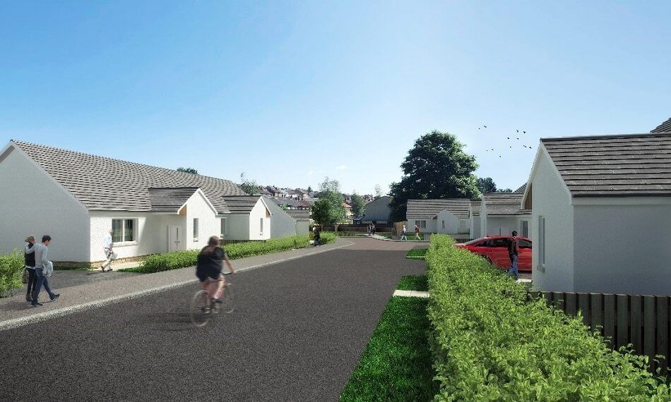 Artist's impression of s street with white bungalows along a quiet residential road, with cyclists and pedestrians