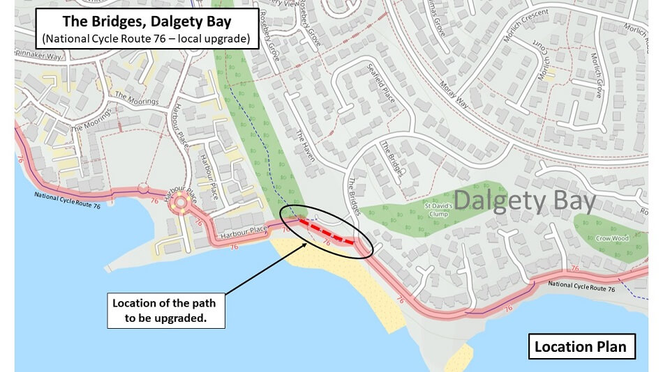 Map showing the location of the path due for upgrade. It is between the National Cycle Route 76 and Harbour Place, Dysart.