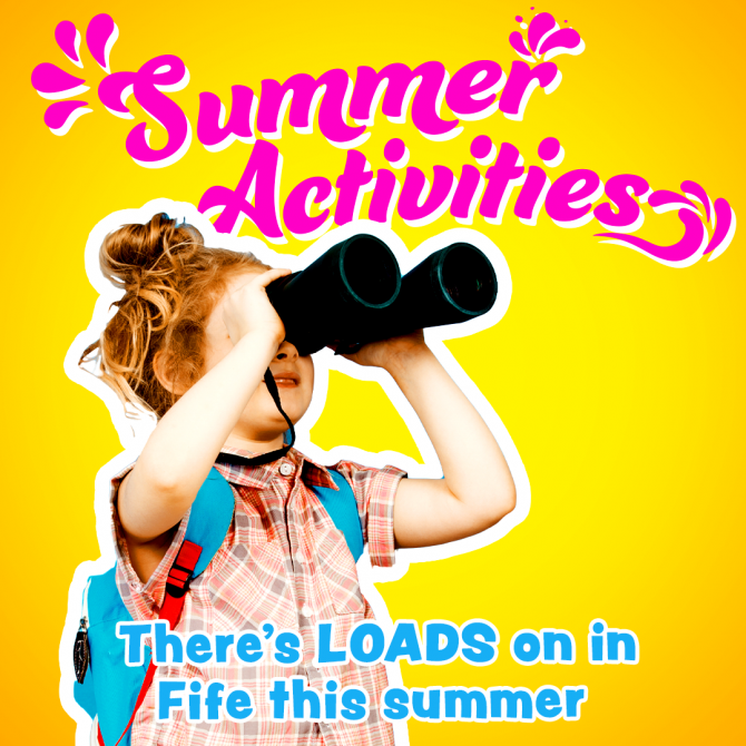 girl looking through binoculars with summery background