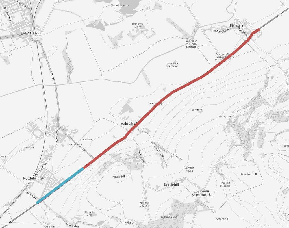 A914 Cupar Road Map showing the section of Cupar Road between Kettlebridge and Pitlessie affected by roadworks, highlighted in red.