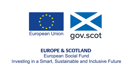 The flags of the European Union and Scotland placed side by side with text to signify this project has funding from the European Social Fund 