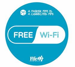 Free WiFi image A blue circle with text ‘Free Wi-Fi’ and ‘A Fairer Fife is a Connected Fife’, along with the Fife Council logo