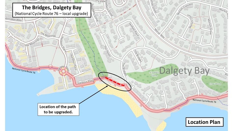 Map showing the location of the path due for upgrade. It is between the National Cycle Route 76 and Harbour Place, Dysart. Map showing the location of the path due for upgrade. It is between the National Cycle Route 76 and Harbour Place, Dysart.