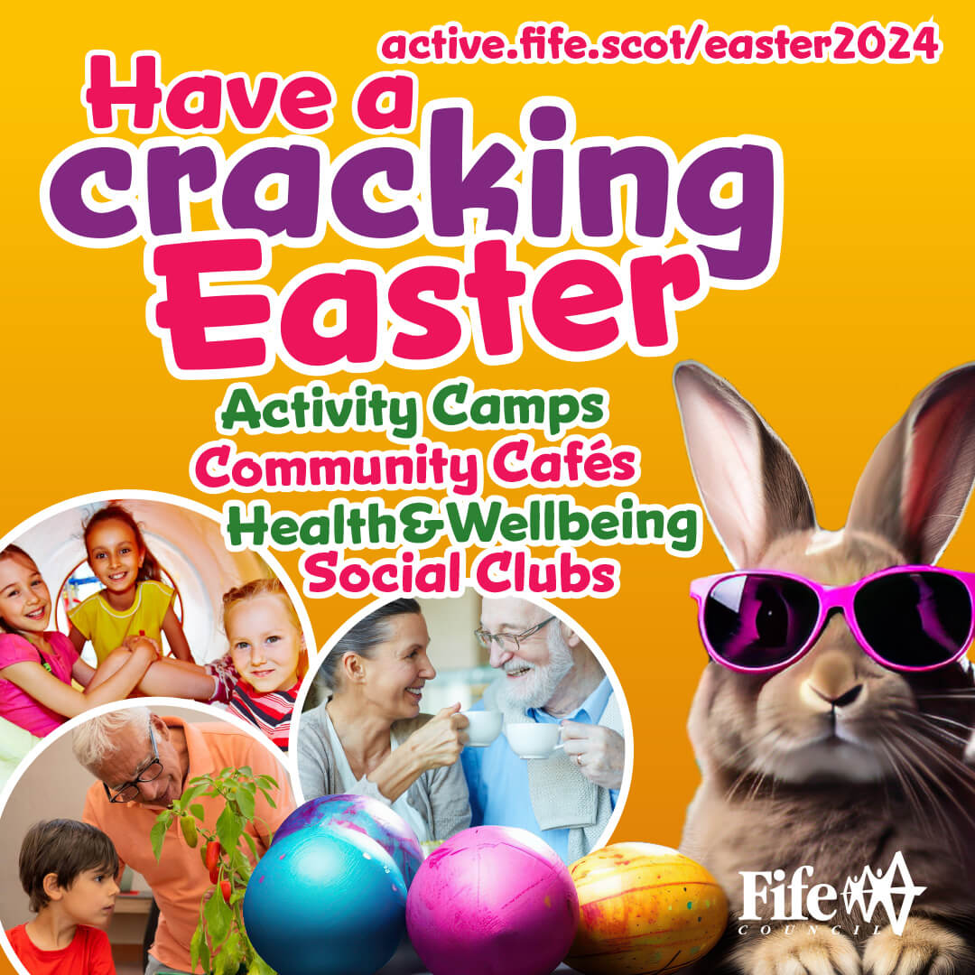 Free activities for children and young people this Easter Photo of rabbit wearing pink sunglasses surrounded by Easter eggs and images of children sitting in a play tunnel, a man and woman having a cup of tea and a man and boy looking at a plant
