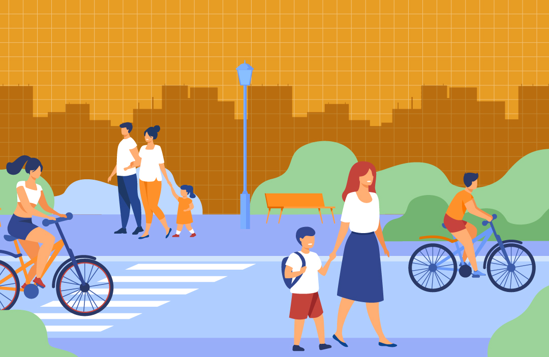 A graphic showing people cycling, and walking around a town - Council approves Evidence Report to develop new Local Development Plan