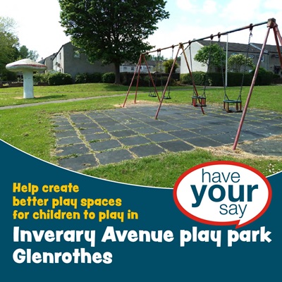 Have your say - What would you like to see in Inverary Avenue Park play area? Set of four swings sitting on top of play mats that the grass is growing through. To the left there is a washed out red and white toadstool