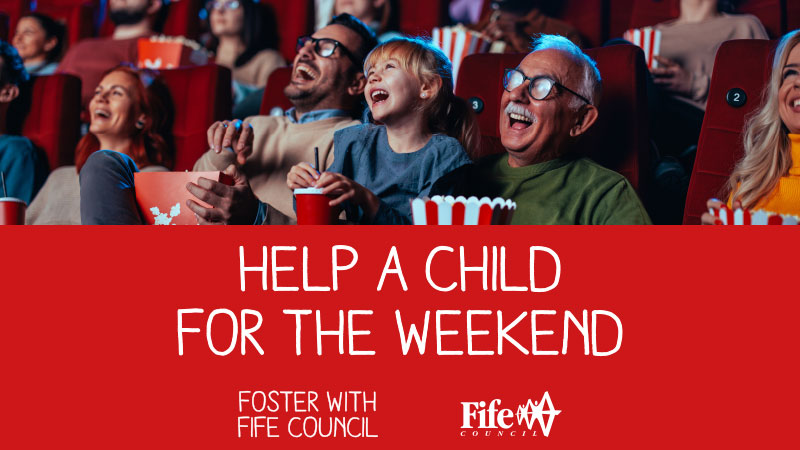 People in a movie theatre with popcorn promoting Foster with Fife Council