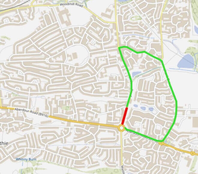 Linburn Road diversion route Map showing the diversion route for a closure on Linburn Road in Dunfermline, with the closed section highlighted in red and the diversion route marked in green.