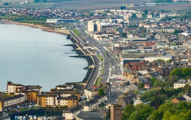 Aerial photo of Kirkcaldy town centre and waterfront from the harbour end