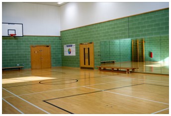 A gym with green walls and a wooden floor
