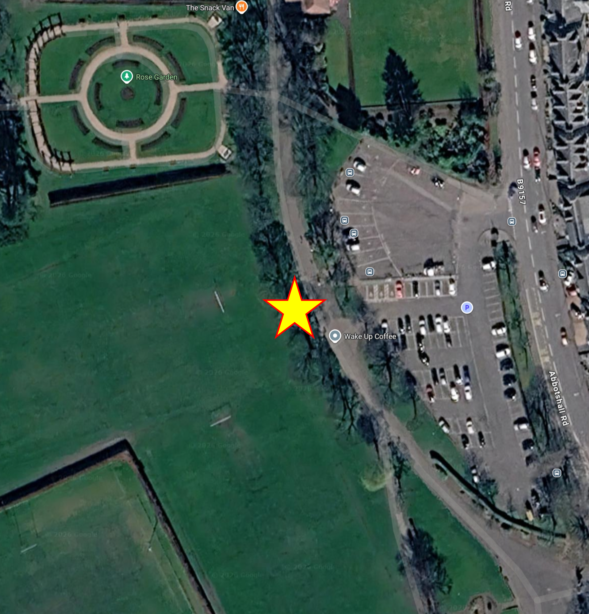 Aerial map showing the location of the Discovering Nature event, marked with a yellow star beside the path between the car park and the Rose Garden.