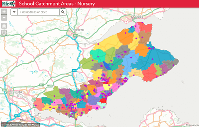 A map of Fife broken up into different coloured catchment areas.