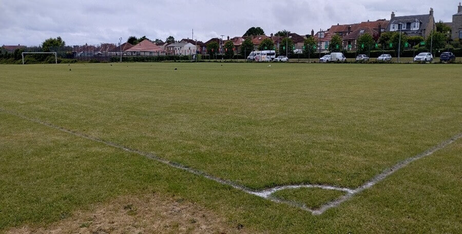 astro pitch 2 A large green playing field. White lines mark a corner. Houses line the background.