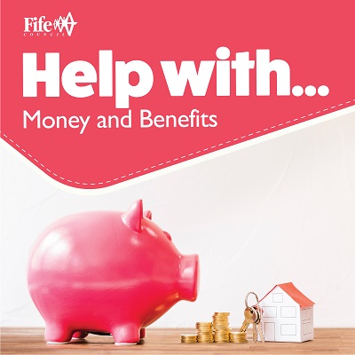 Piggy bank, pile of coins and house - Help with…Money and benefits