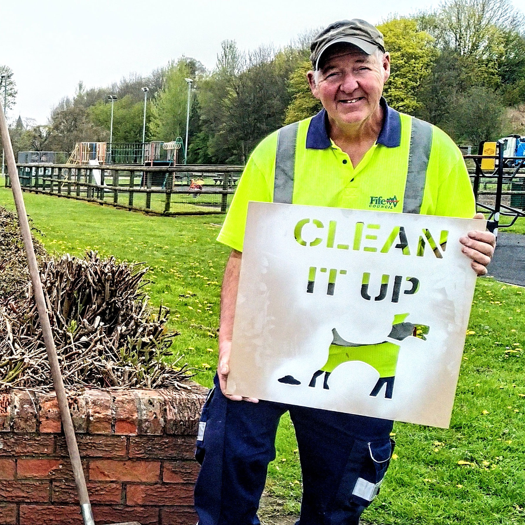 Jim Peebles, Street Cleansing Operative holding Clean It Up template Jim Peebles, Street Cleansing Operative holding Clean It Up template