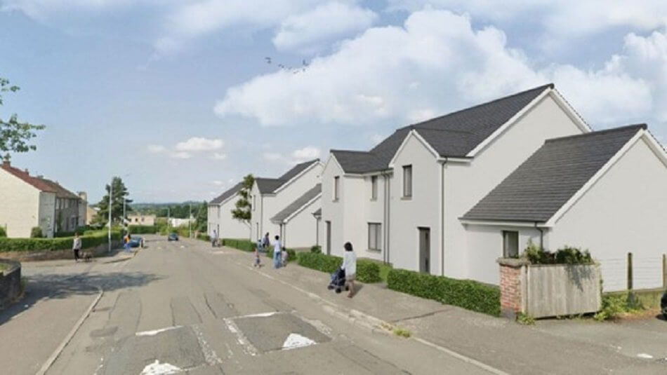 Artist's impression of houses at Blacklaw Road, with pedestrians and quiet residential road