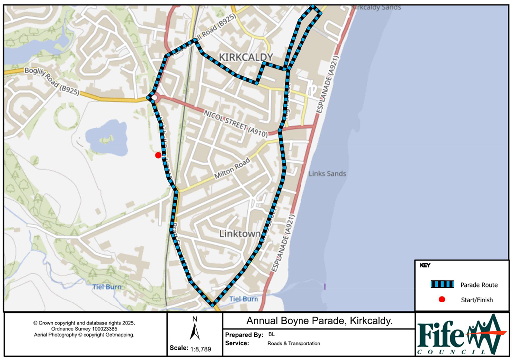 Route map through Kirkcaldy