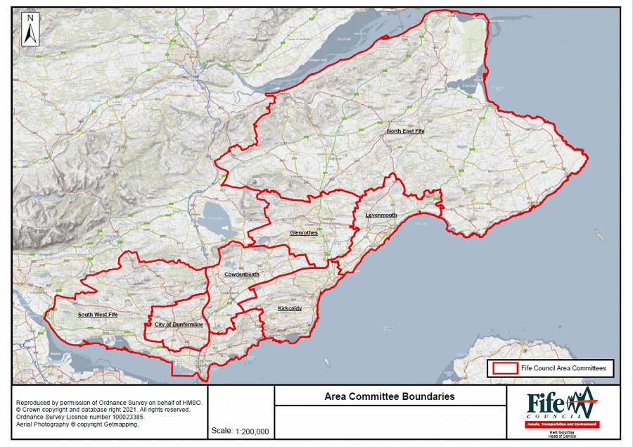 A map of Fife Council's area committees in Scotland, showing the boundaries of each committee