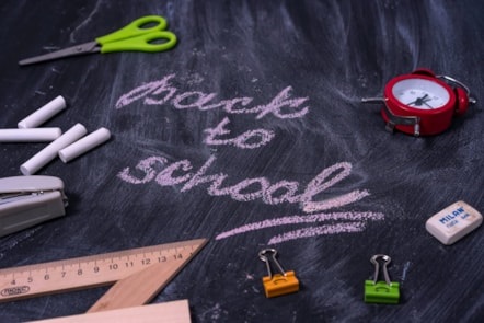 Back to school” written in chalk on a chalkboard surrounded by school supplies