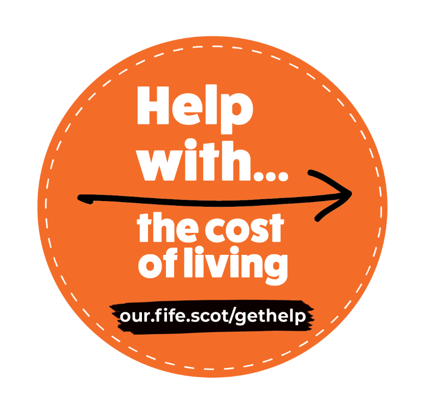  Cost of Living logo made up of an orange circle with a black arrow and the words Help with the cost of living, our.fife.gov/gethelp  - Helping people through the cost of living crisis
