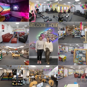 Funding agreed for new stair lift for The Hive Photo of two of the directors of the Hives surrounded by photos of facilities on offer e.g. gym, cafe, community fridge, hot desks