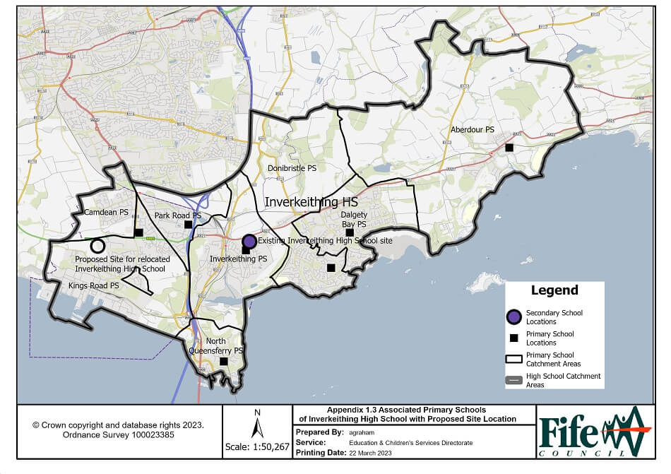 Proposed relocated site showing Inverkeithing HS catchment area, including all surrounding primary schools.