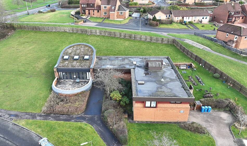 Aerial view of the main Balfour Court complex, showing the whole building from above