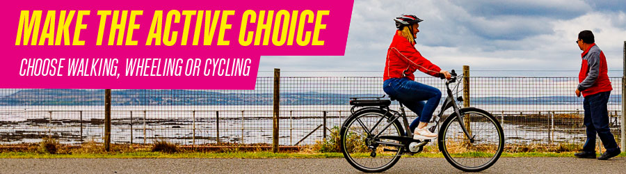 Active travel banner people cycling and walking