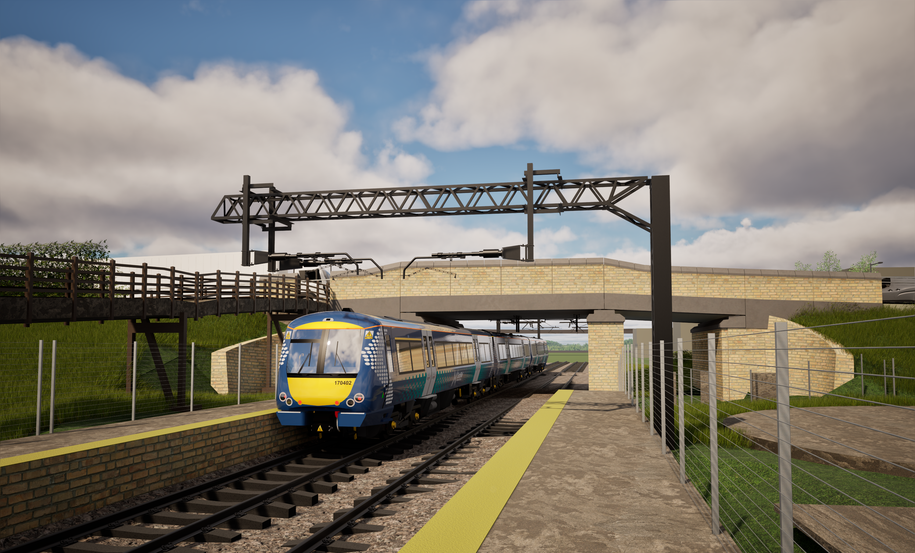 An artist's impression of how the new bridge at Thornton Railway Station will look, following the electrification of the line. The concrete bridge is shown in the background with a new electric train travelling underneath it. 