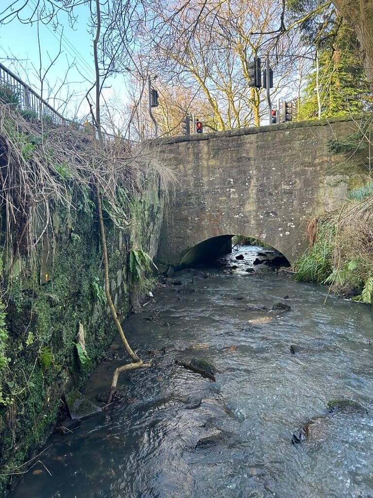 Carnock Bridge, where the retaining wall  is undergoing essential repairs