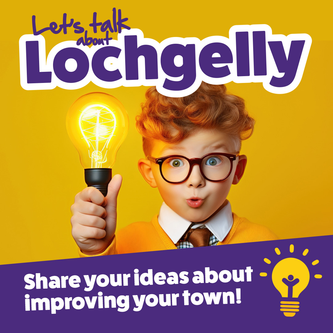 Let's talk Lochgelly Logo Let's talk Lochgelly and light bulb asking people to share their ideas on lochgelly survey